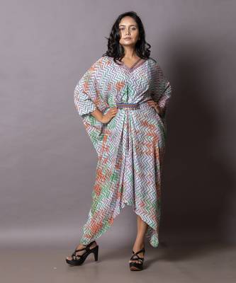 Multicolor Multi Color Leheriya Print Kaftan Kaftaan 1