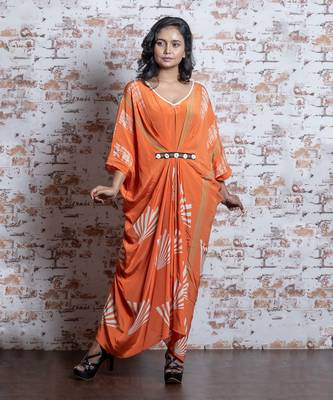 Aerospace Orange Block V- Neck Contrast Trimming Kaftan  Kaftaan 1