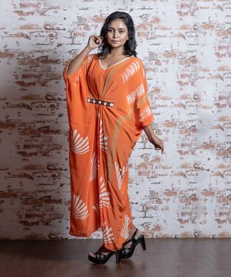 Aerospace Orange Block V- Neck Contrast Trimming Kaftan  Kaftaan 4