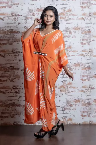Aerospace Orange Block V- Neck Contrast Trimming Kaftan  Kaftaan