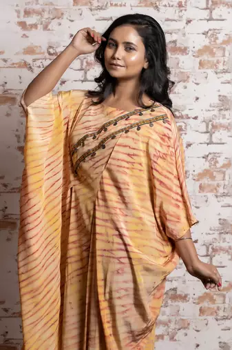 Tie-Dye In Yellow & Wine T-Length Kaftan  Kaftaan
