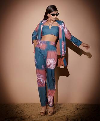 Teal Blue & Brown Botswana Co-Ord Set With Balzer Jacket Co-Ord Set 1
