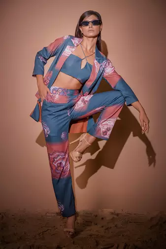 Teal Blue & Brown Botswana Co-Ord Set With Balzer Jacket Co-Ord Set