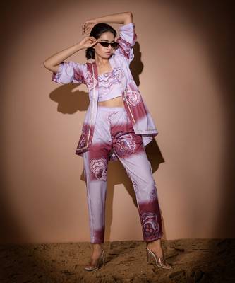 Lavender & Maroon Dendritic Top & Pant With Jacket  Pant Set 1