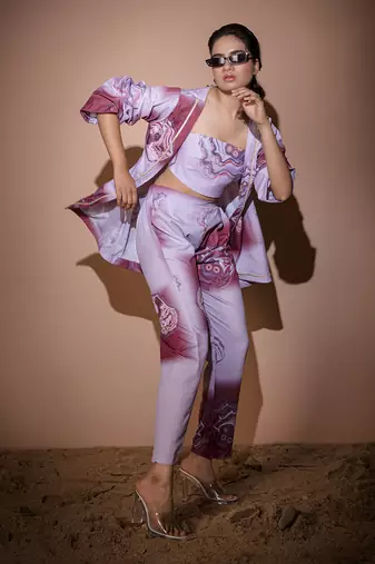 Lavender & Maroon Dendritic Top & Pant With Jacket  Pant Set