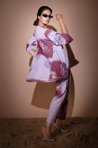 Lavender & Maroon Dendritic Top & Pant With Jacket  Pant Set