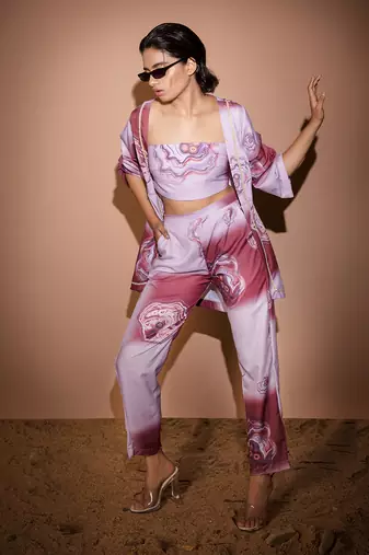 Lavender & Maroon Dendritic Top & Pant With Jacket  Pant Set