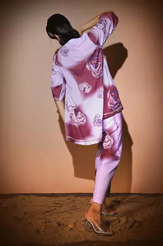 Lavender & Maroon Dendritic Top & Pant With Jacket  Pant Set