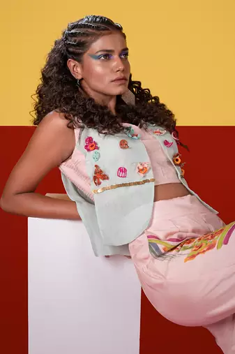 Pastel Pink,Mint Mbira Organza Top With Yueqin Pant Pant Set