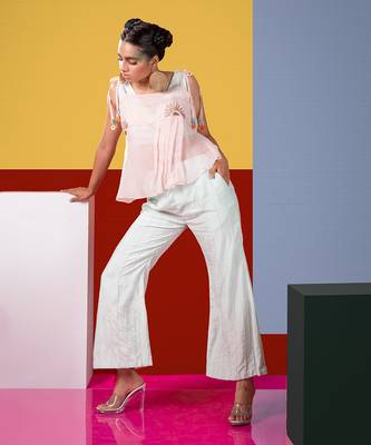 Mint Green ,Pastel Pink Djembe Crop Top With Tieup Organza Lyare & Xylo Pant Pant Set 1