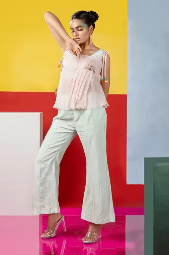 Mint Green ,Pastel Pink Djembe Crop Top With Tieup Organza Lyare & Xylo Pant Pant Set