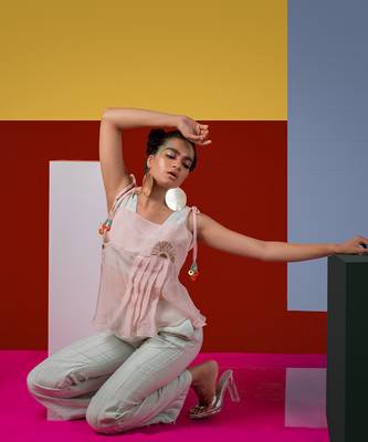 Mint Green ,Pastel Pink Djembe Crop Top With Tieup Organza Lyare & Xylo Pant Pant Set 3