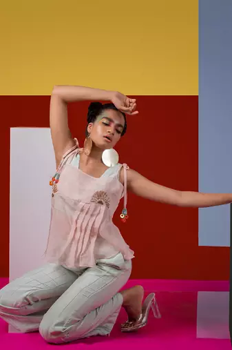 Mint Green ,Pastel Pink Djembe Crop Top With Tieup Organza Lyare & Xylo Pant Pant Set