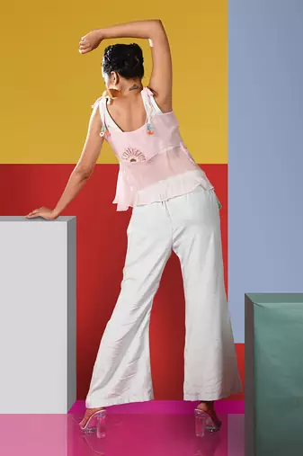 Mint Green ,Pastel Pink Djembe Crop Top With Tieup Organza Lyare & Xylo Pant Pant Set