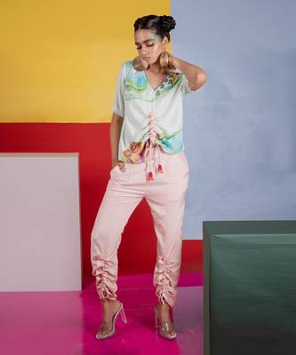 Mint Green ,Pastel Pink Harp Top With Flute Pant Pant Set 1
