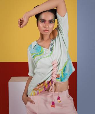 Mint Green ,Pastel Pink Harp Top With Flute Pant Pant Set 2
