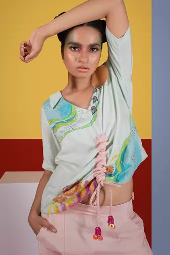 Mint Green ,Pastel Pink Harp Top With Flute Pant Pant Set