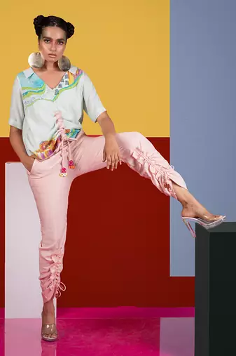 Mint Green ,Pastel Pink Harp Top With Flute Pant Pant Set