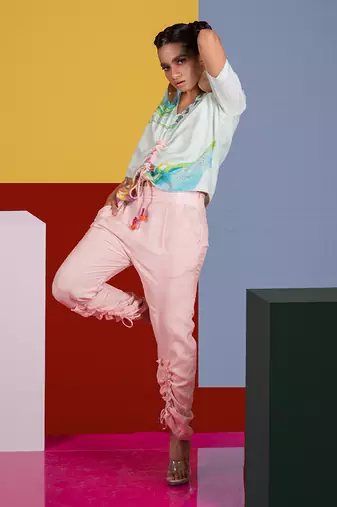 Mint Green ,Pastel Pink Harp Top With Flute Pant Pant Set