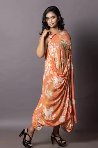 Tie-Dye In Olive Green & Aerospace Orange Cowl Drape Kaftan Kaftaan