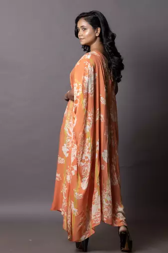 Tie-Dye In Olive Green & Aerospace Orange Cowl Drape Kaftan Kaftaan