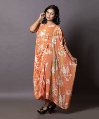 Tie-Dye In Olive Green & Aerospace Orange Cowl Drape Kaftan Kaftaan 4