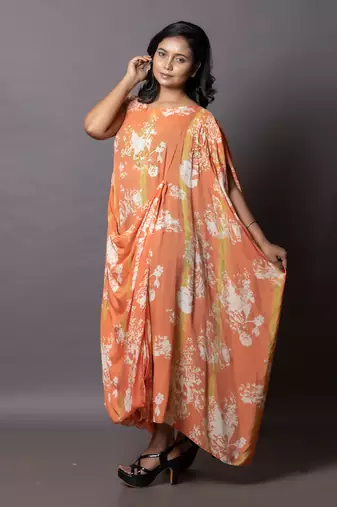 Tie-Dye In Olive Green & Aerospace Orange Cowl Drape Kaftan Kaftaan