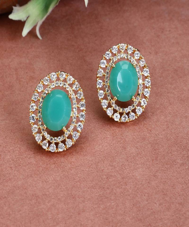 Statement Gold Plated American Diamond Green Stone studded Oval Shaped Stud Earring for Girls and Women.