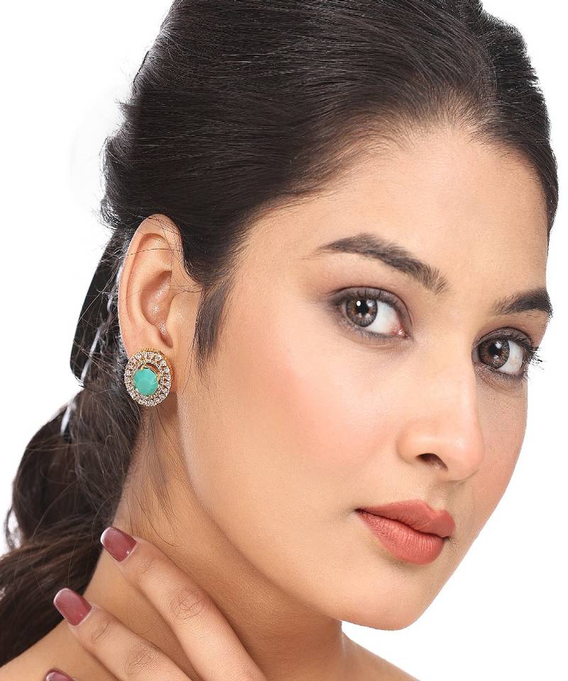 Statement Gold Plated American Diamond Green Stone studded Oval Shaped Stud Earring for Girls and Women.