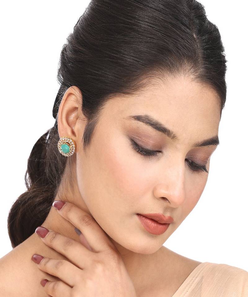 Statement Gold Plated American Diamond Green Stone studded Oval Shaped Stud Earring for Girls and Women.