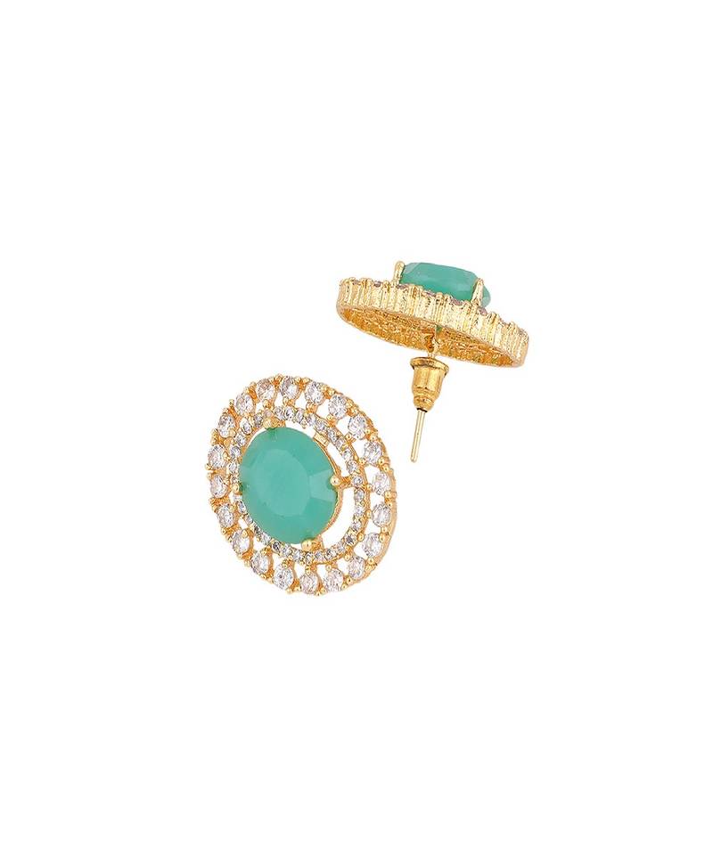Statement Gold Plated American Diamond Green Stone studded Oval Shaped Stud Earring for Girls and Women.