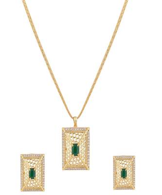 Statement Gold Plated  Square Shaped Green colored Stone studded Pendant and a pair of Earrings for Girls and Women. 1