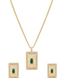 Statement Gold Plated  Square Shaped Green colored Stone studded Pendant and a pair of Earrings for Girls and Women.