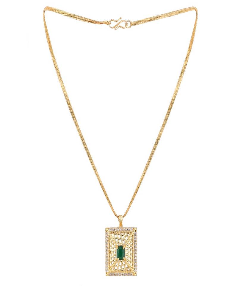 Statement Gold Plated  Square Shaped Green colored Stone studded Pendant and a pair of Earrings for Girls and Women.