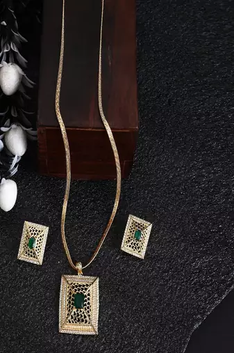 Statement Gold Plated  Square Shaped Green colored Stone studded Pendant and a pair of Earrings for Girls and Women.