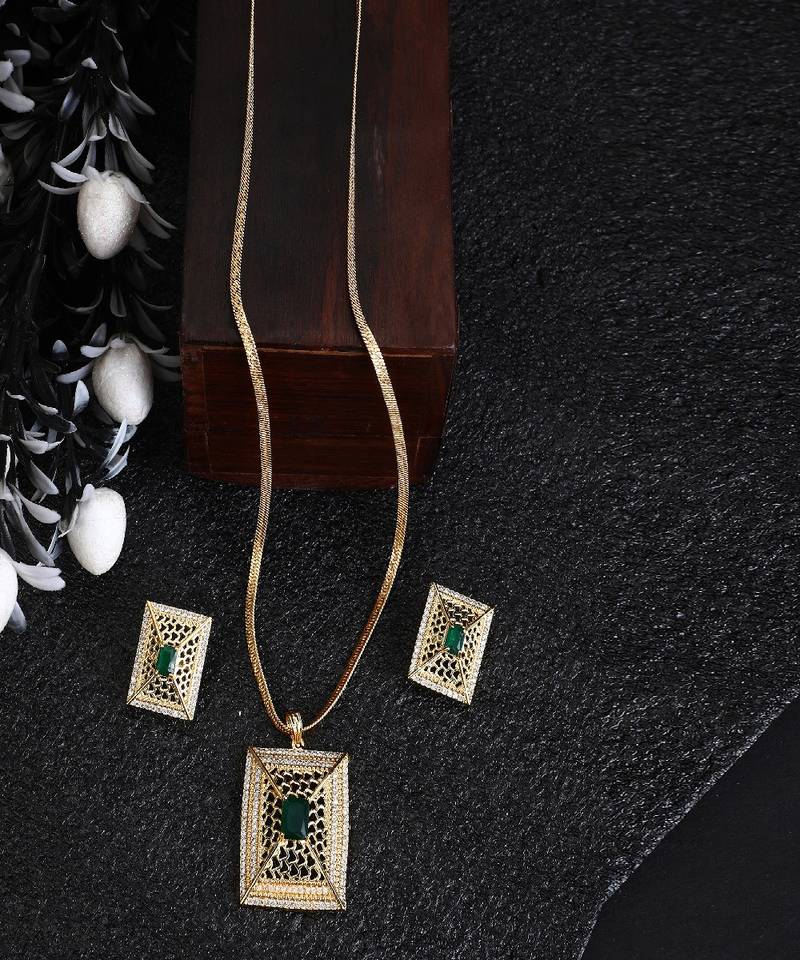 Statement Gold Plated  Square Shaped Green colored Stone studded Pendant and a pair of Earrings for Girls and Women.
