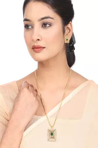Statement Gold Plated  Square Shaped Green colored Stone studded Pendant and a pair of Earrings for Girls and Women.