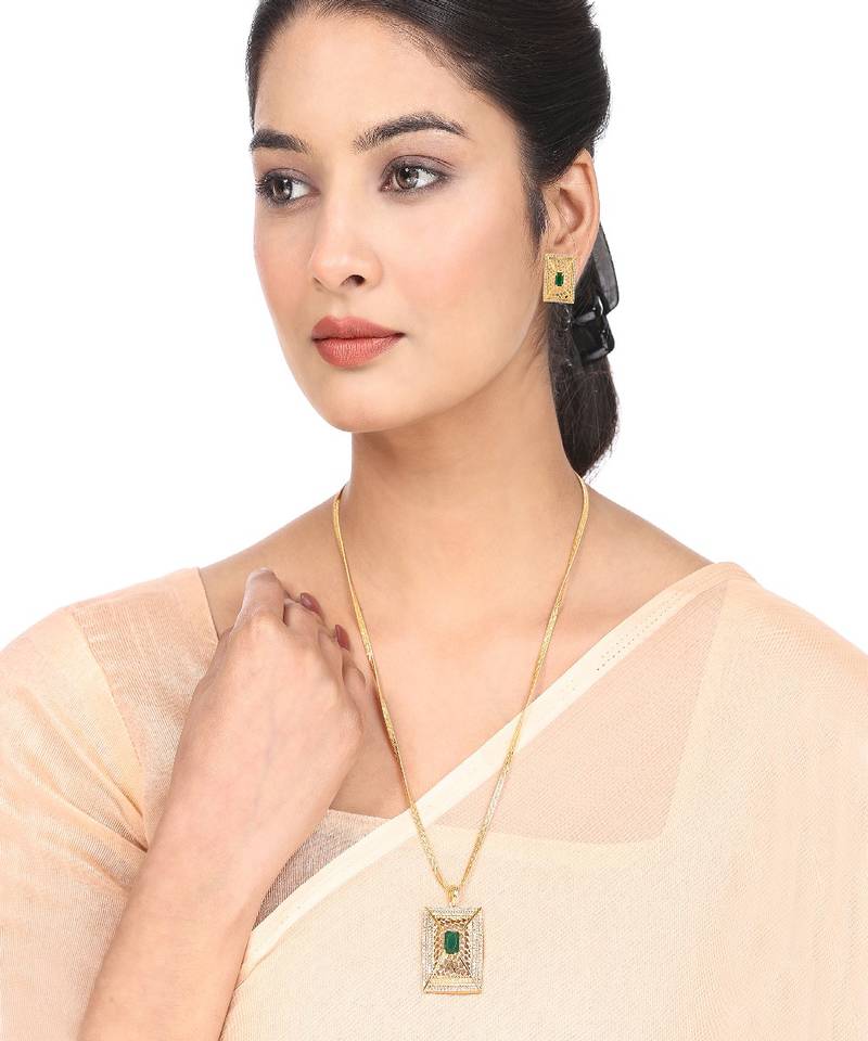 Statement Gold Plated  Square Shaped Green colored Stone studded Pendant and a pair of Earrings for Girls and Women.