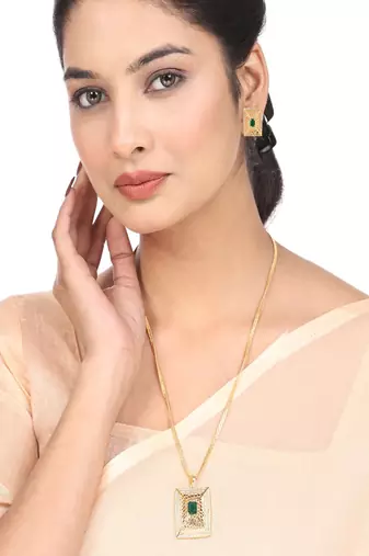 Statement Gold Plated  Square Shaped Green colored Stone studded Pendant and a pair of Earrings for Girls and Women.