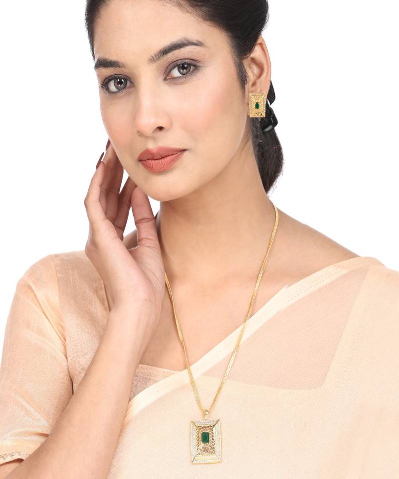 Statement Gold Plated  Square Shaped Green colored Stone studded Pendant and a pair of Earrings for Girls and Women.