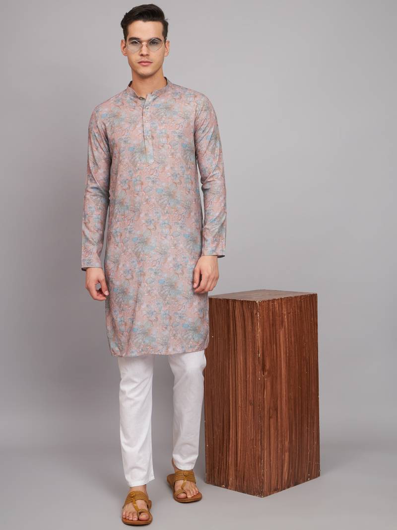 Lavender Blush Floral Print Linen Fabrics Men's Kurta
