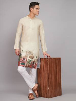 Beige Color Digital Print Linen Fabrics Men's Kurta 1