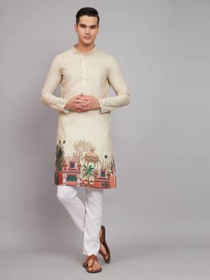 Beige Color Digital Print Linen Fabrics Men's Kurta 2