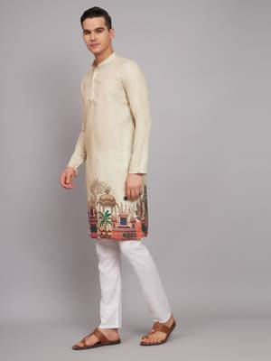 Beige Color Digital Print Linen Fabrics Men's Kurta 3