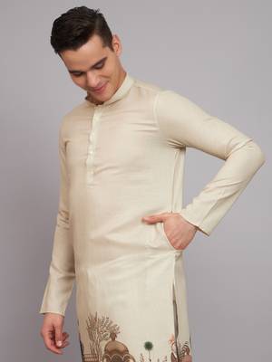Beige Color Digital Print Linen Fabrics Men's Kurta 4