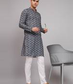 Navy Pop Diamond Print Linen Fabrics Kurtas