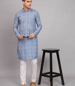 Light Sky Blue Floral Digital Print Linen Kurta