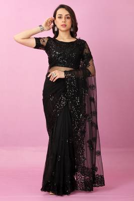 Black Sequins Embroidered Soft Mono Net Saree With Blouse (Un-Stitched) 2