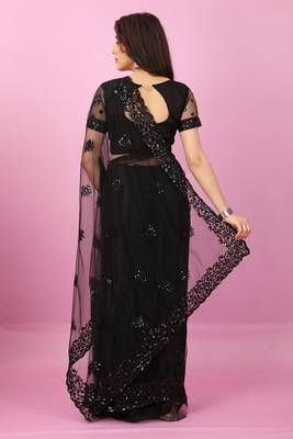 Black Sequins Embroidered Soft Mono Net Saree With Blouse (Un-Stitched) 3