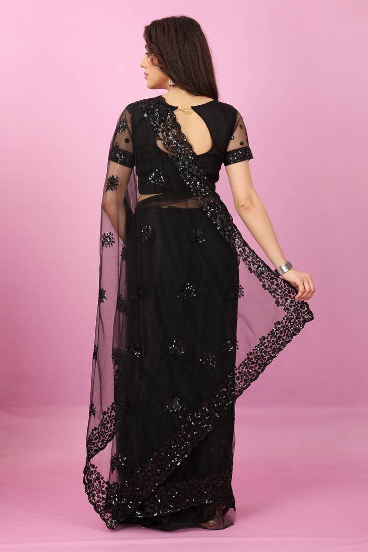Black Sequins Embroidered Soft Mono Net Saree With Blouse (Un-Stitched)
